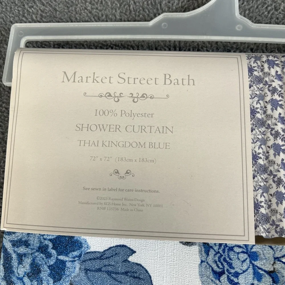 Market Street Bath Fabric Shower Curtain Floral cottage garden Thai Kingdom Blue